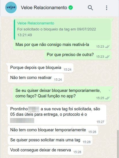 Conversa com atendente da Veloe pelo WhatsApp